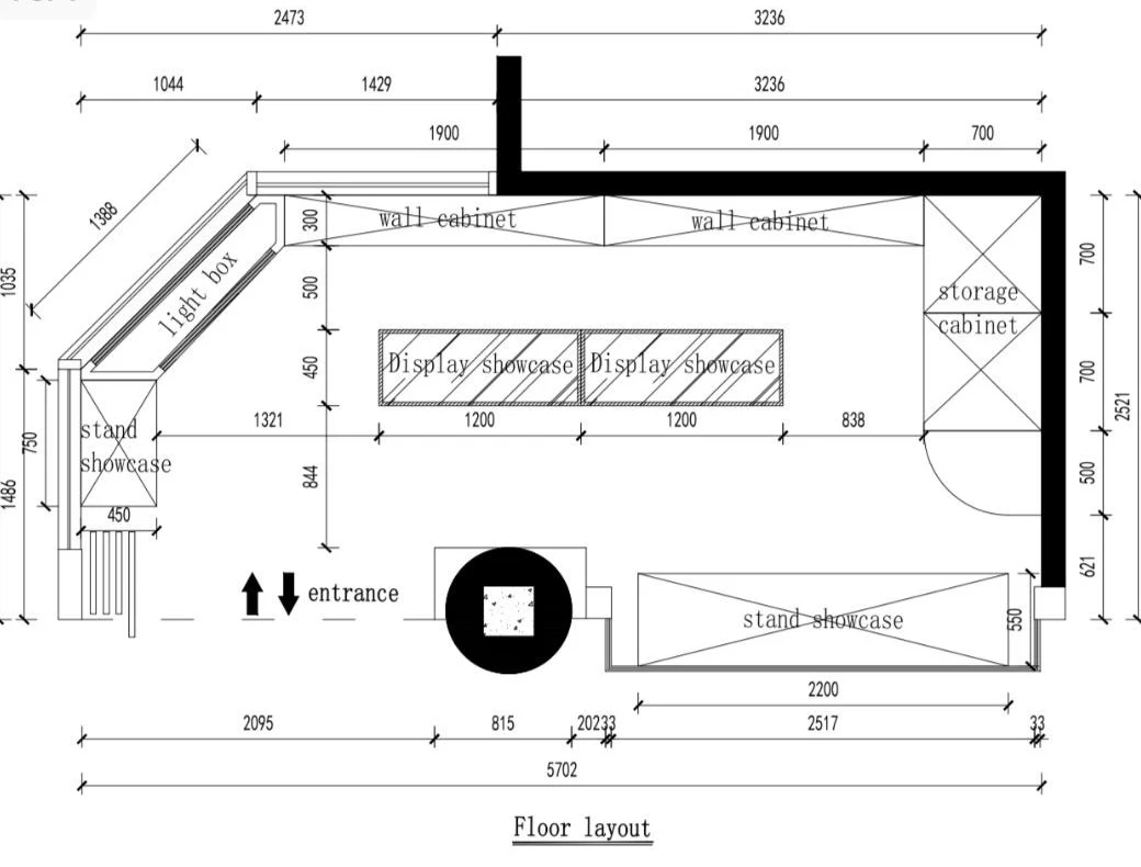 Floor plan of a Germani boutique with wall cabinets and display showcases