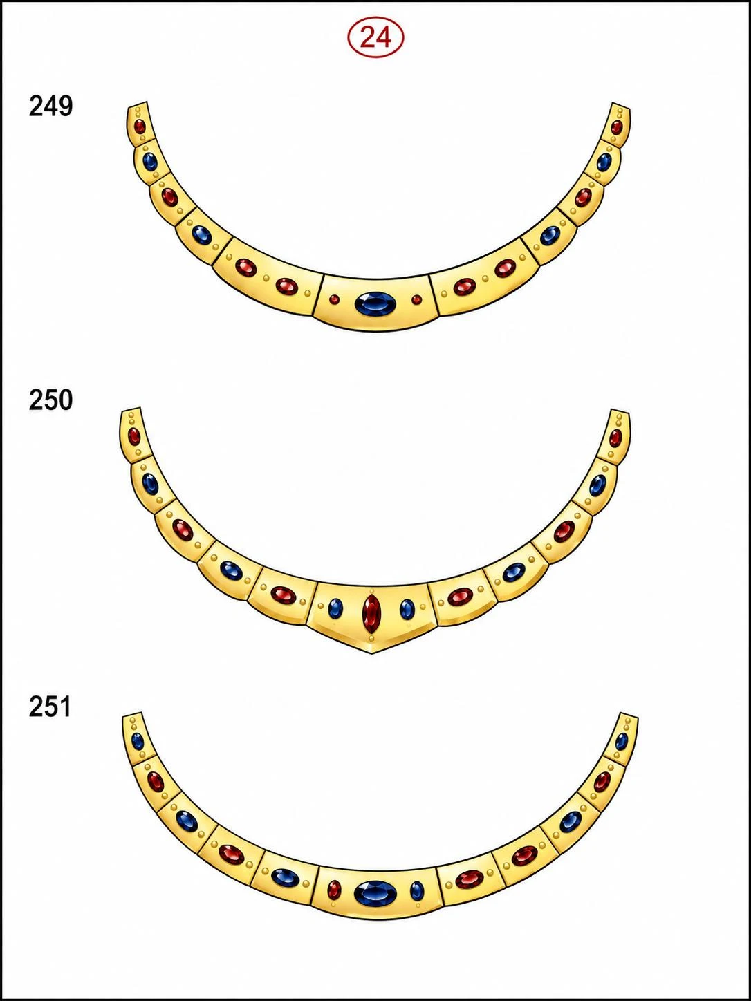 Three design drawings of gold collar necklaces set with rubies and sapphires