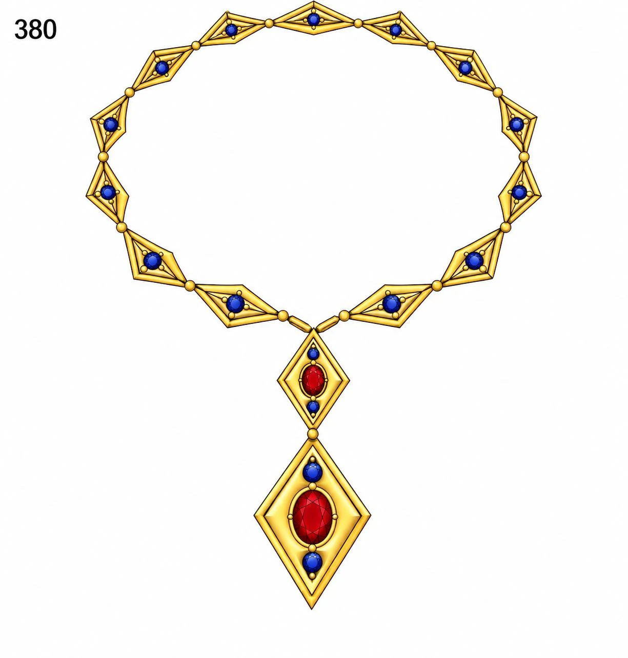 Design drawing of a gold necklace of diamond-shaped links set with sapphires, with a ruby and sapphire drop