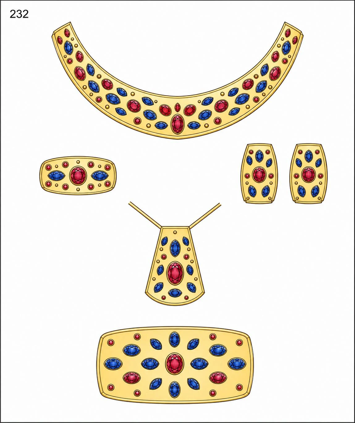 Design drawing of a gold suite set with rubies and sapphires