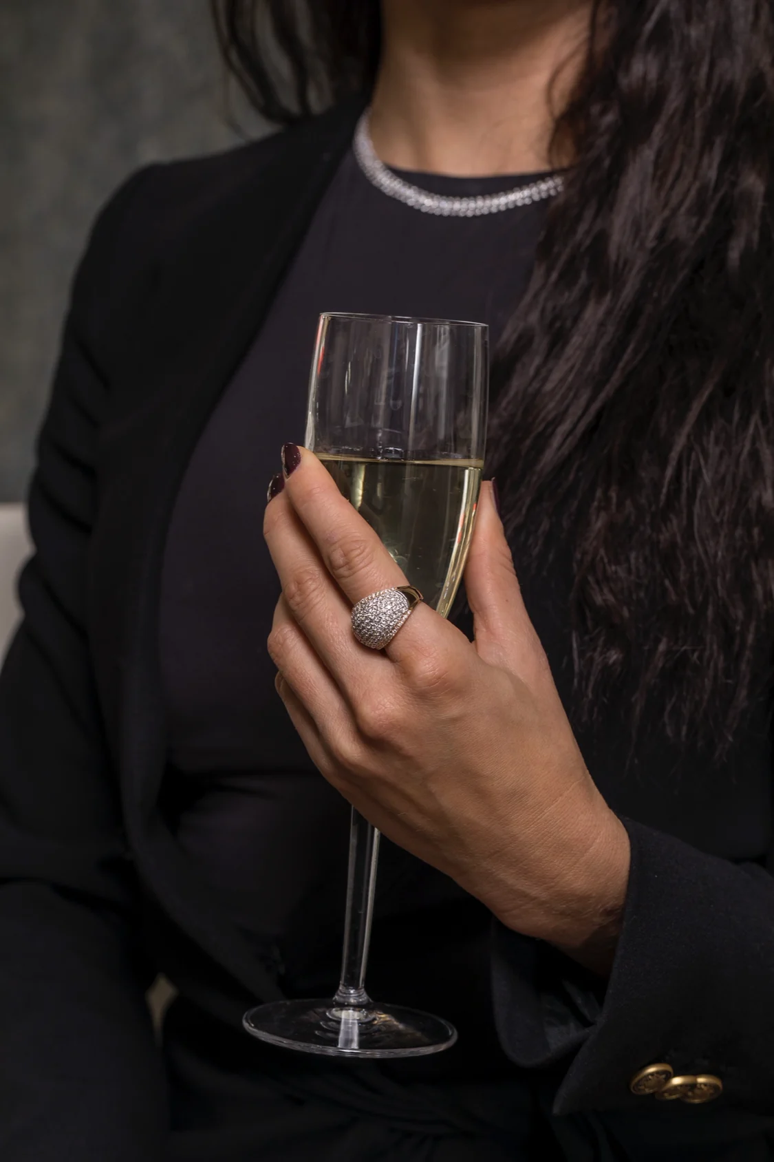 Pavé diamond ring and diamond necklace, worn