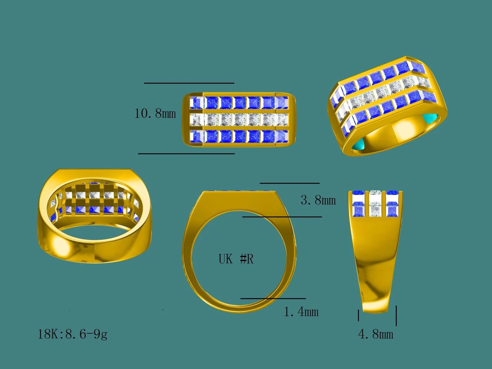 Design drawing of a gentleman’s sapphire and diamond ring, with views and measurements