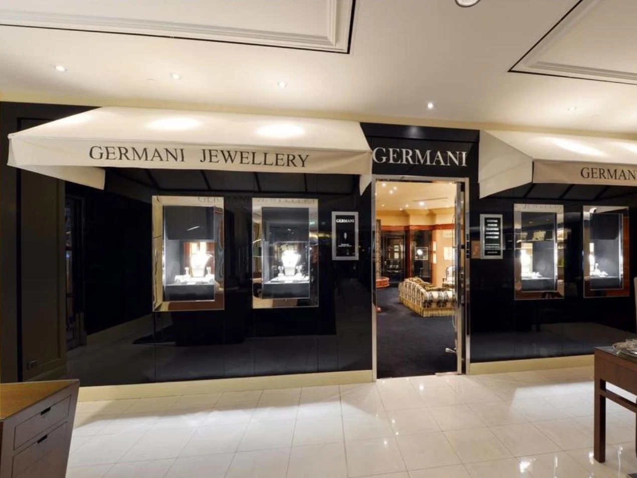 The Germani Jewellery shopfront with white awnings in the Sheraton on the Park lobby