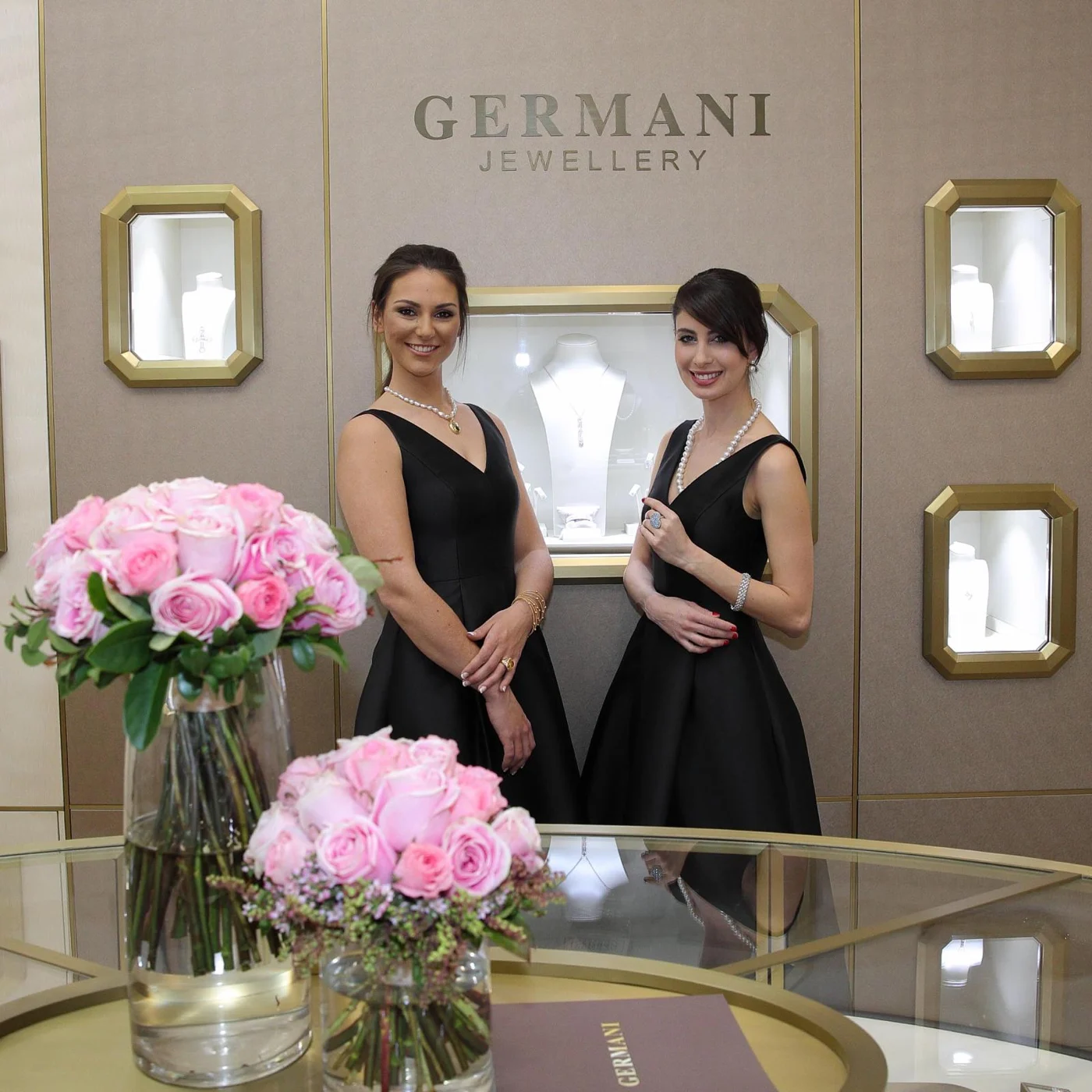 A Germani soirée in the showroom, with hostesses wearing Germani pearls and diamonds