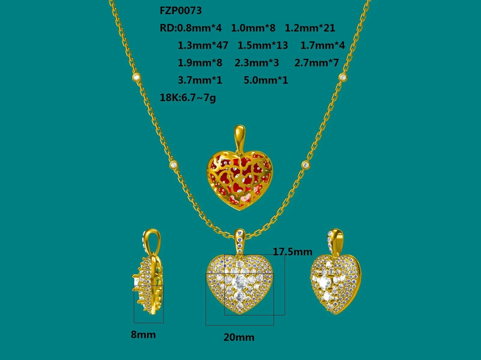 Design drawing of a heart pendant on a diamond station chain, with views, measurements and stone sizes