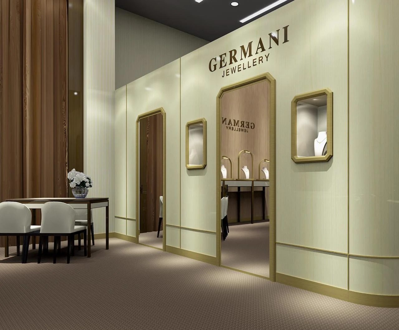 Design render of an ivory Germani boutique with gold-framed display windows