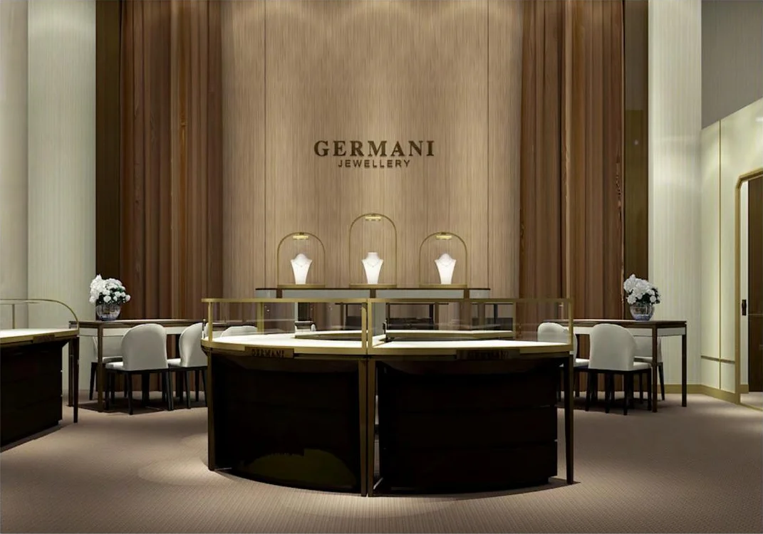 Design render of the Germani showroom with a round counter