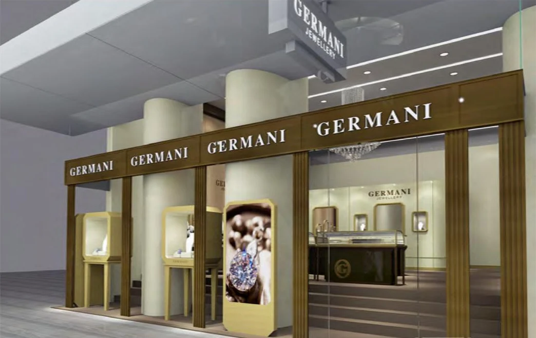 Design render of a Germani shopfront with four illuminated GERMANI signs