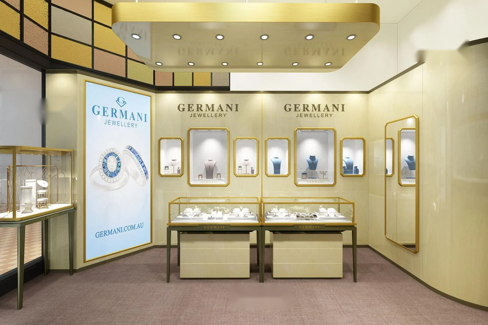 Design render of a Germani boutique with gold-framed windows, showcases and a sapphire ring light box
