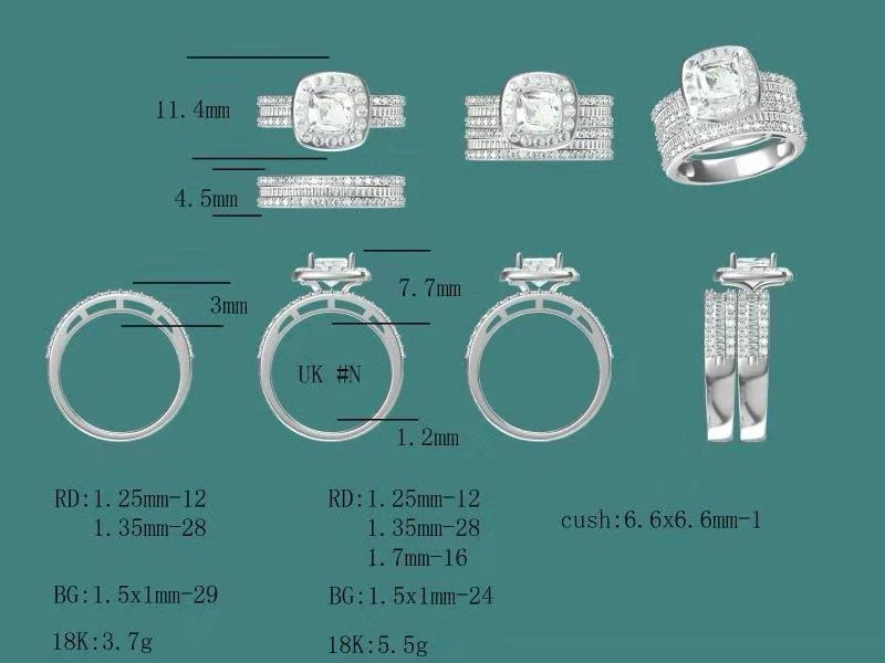 Technical design drawings of a cushion halo engagement ring and wedding bands, with measurements and stone sizes