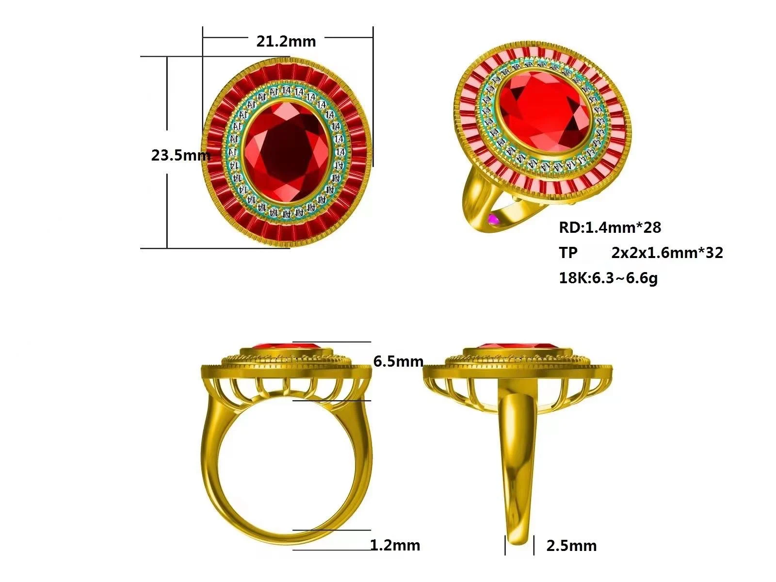 Design drawing of an oval ruby ring with a diamond halo and calibré ruby frame, with views and measurements